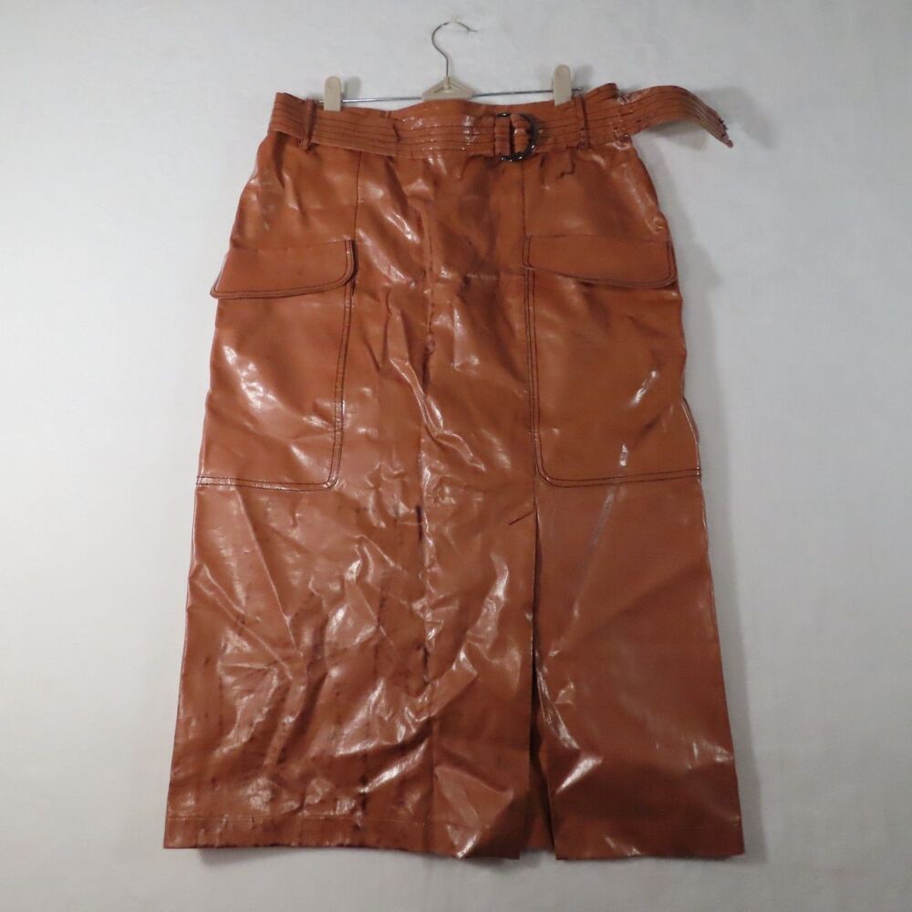Topshop Cognac Patent Faux Leather Cargo Midi Skirt Belt US 8